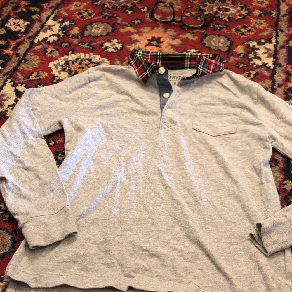 Crewcuts Heather Gray Long-Sleeve Polo with Red Plaid Collar